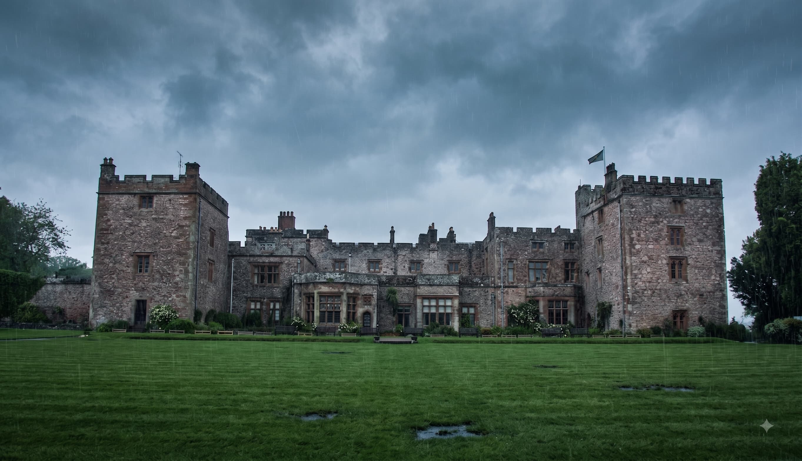 Muncaster Castle under a dark storm sky, its battlemented towers above the lawns near Ravenglass, Lake District