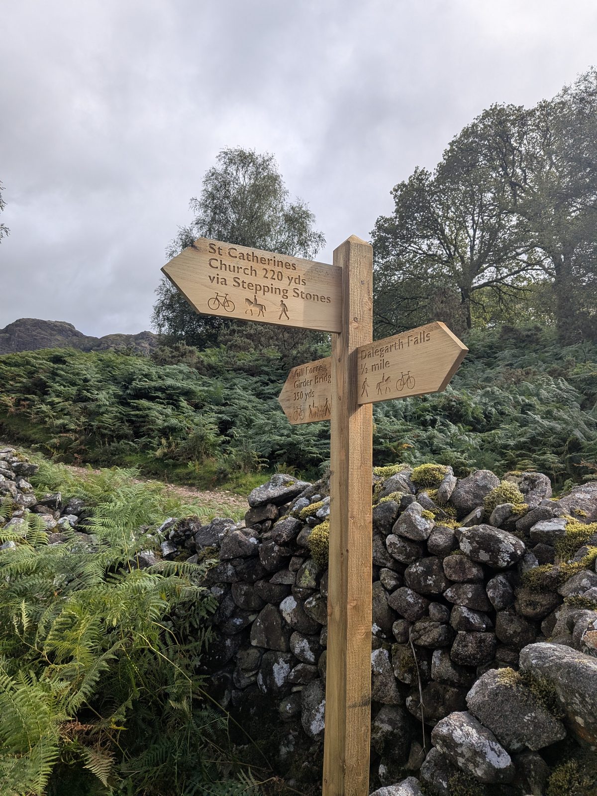 The new-looking direction sign on the St Catherine's route to Stanley Ghyll, Eskdale