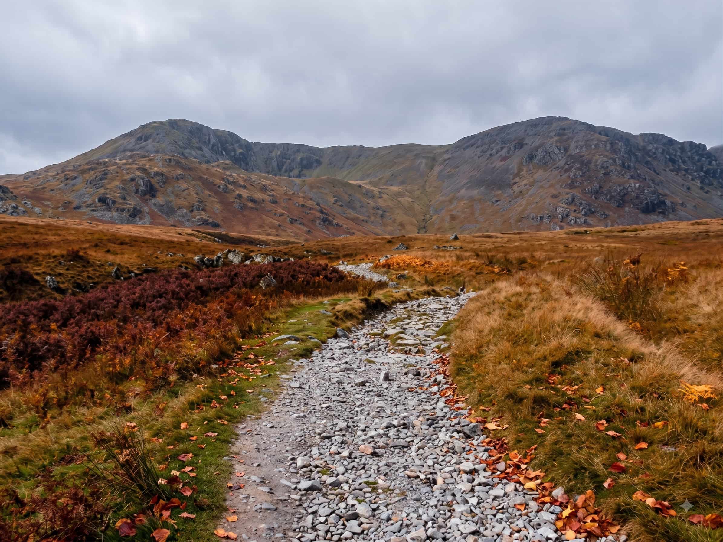 The stony engineered path heading towards the Coniston fells in autumn, with russet bracken and heather either side