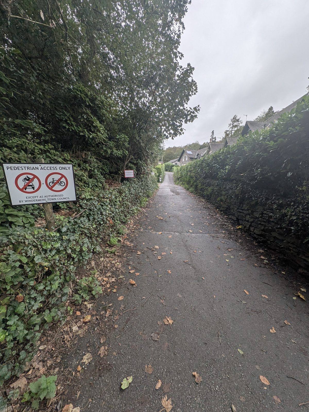 The lane out to the main entrance of Orrest Head on the A591, signed for pedestrians only