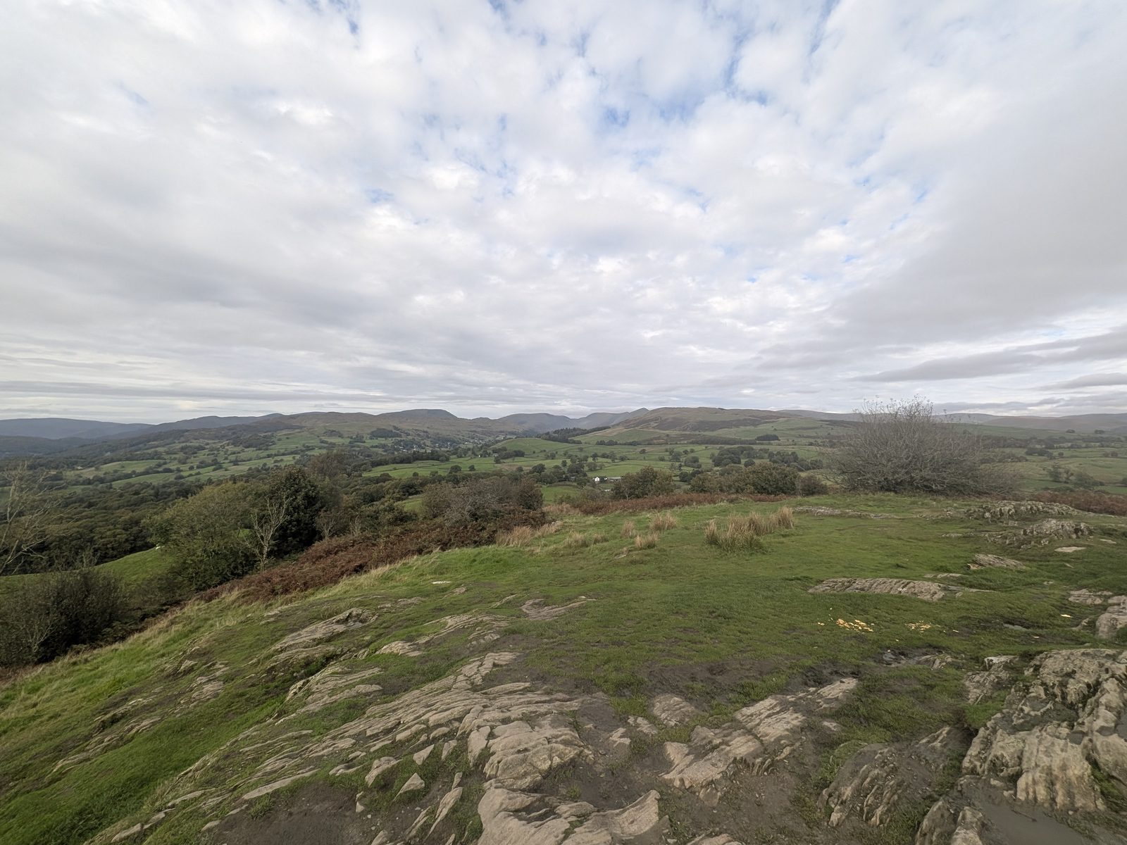 The grassy summit of Orrest Head looking away from the lake, over fields and woodland