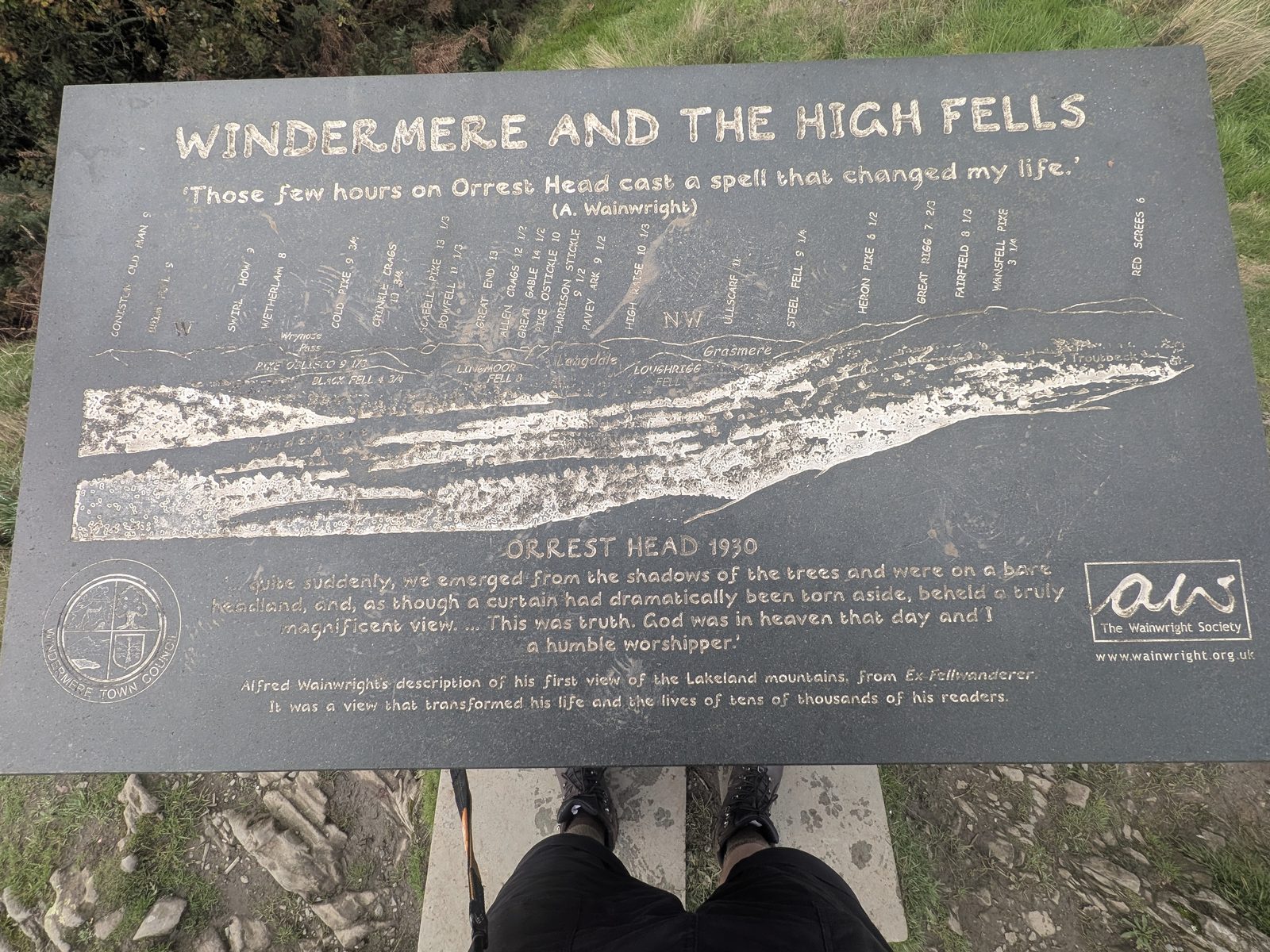The Wainwright Society slate plaque on Orrest Head, titled Windermere and the High Fells, Orrest Head 1930