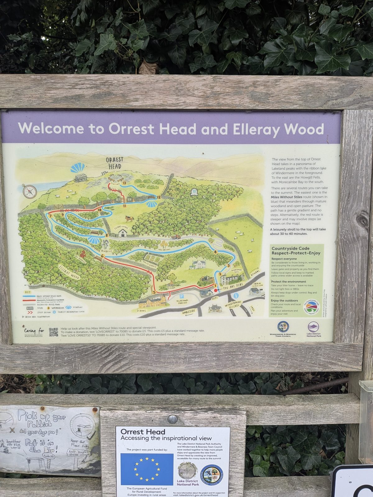 The Welcome to Orrest Head and Elleray Wood board at the main entrance, with a map of the routes up