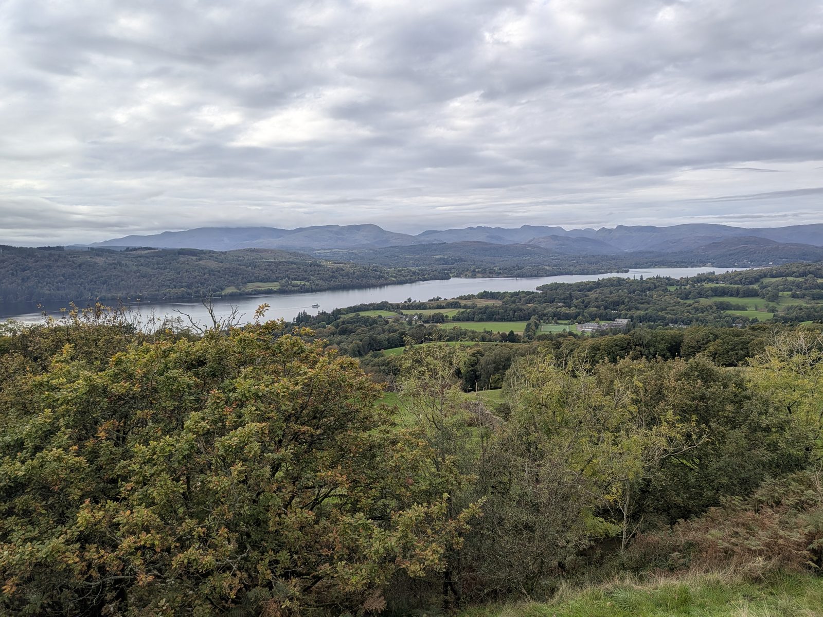 Windermere stretching away below Orrest Head, with the fells beyond under a grey sky