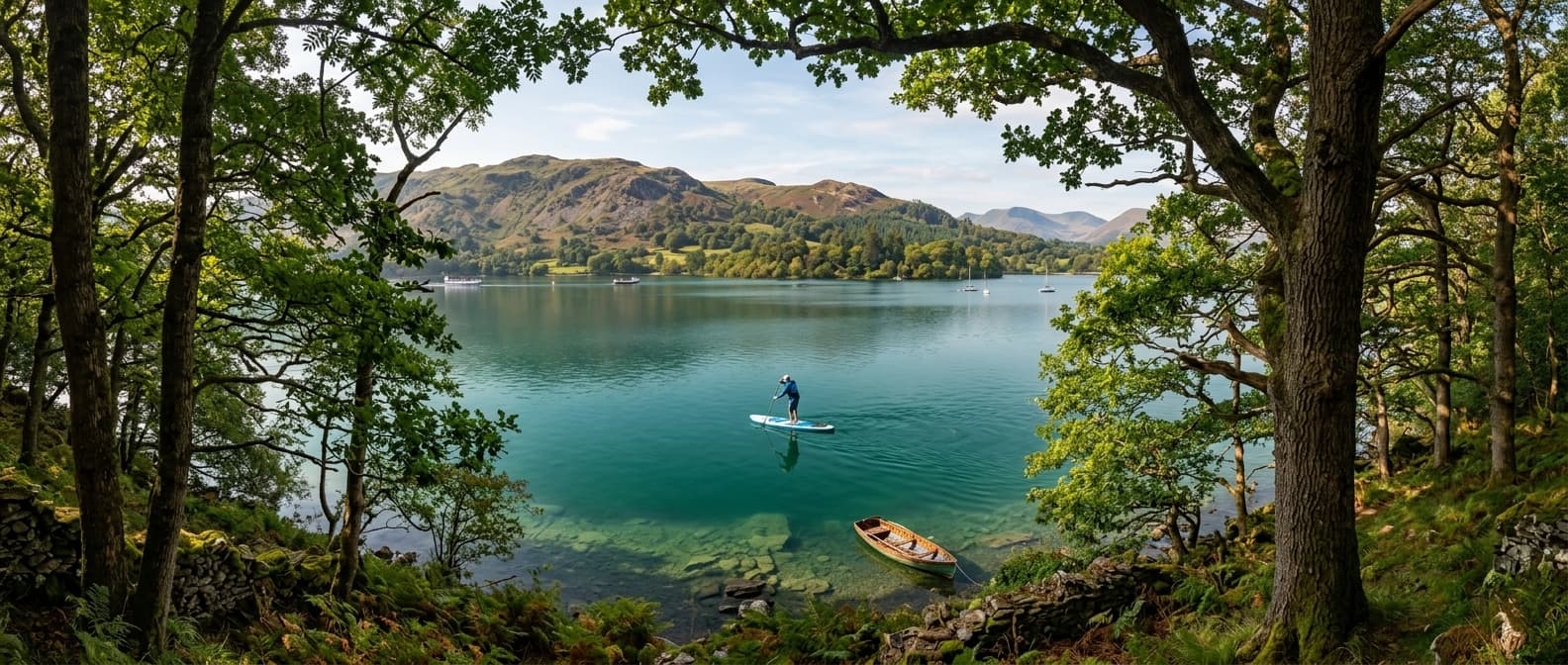 Paddleboarding on Ullswater, a long fell-ringed lake in the Lake District