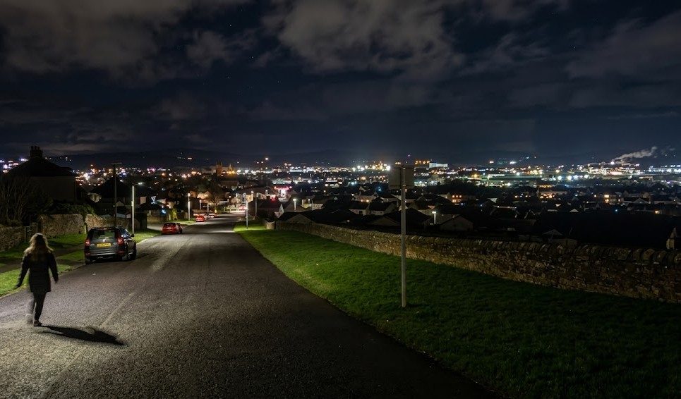 Penrith at night seen from the edge of town, Cumbria — a long-exposure view over the streetlights