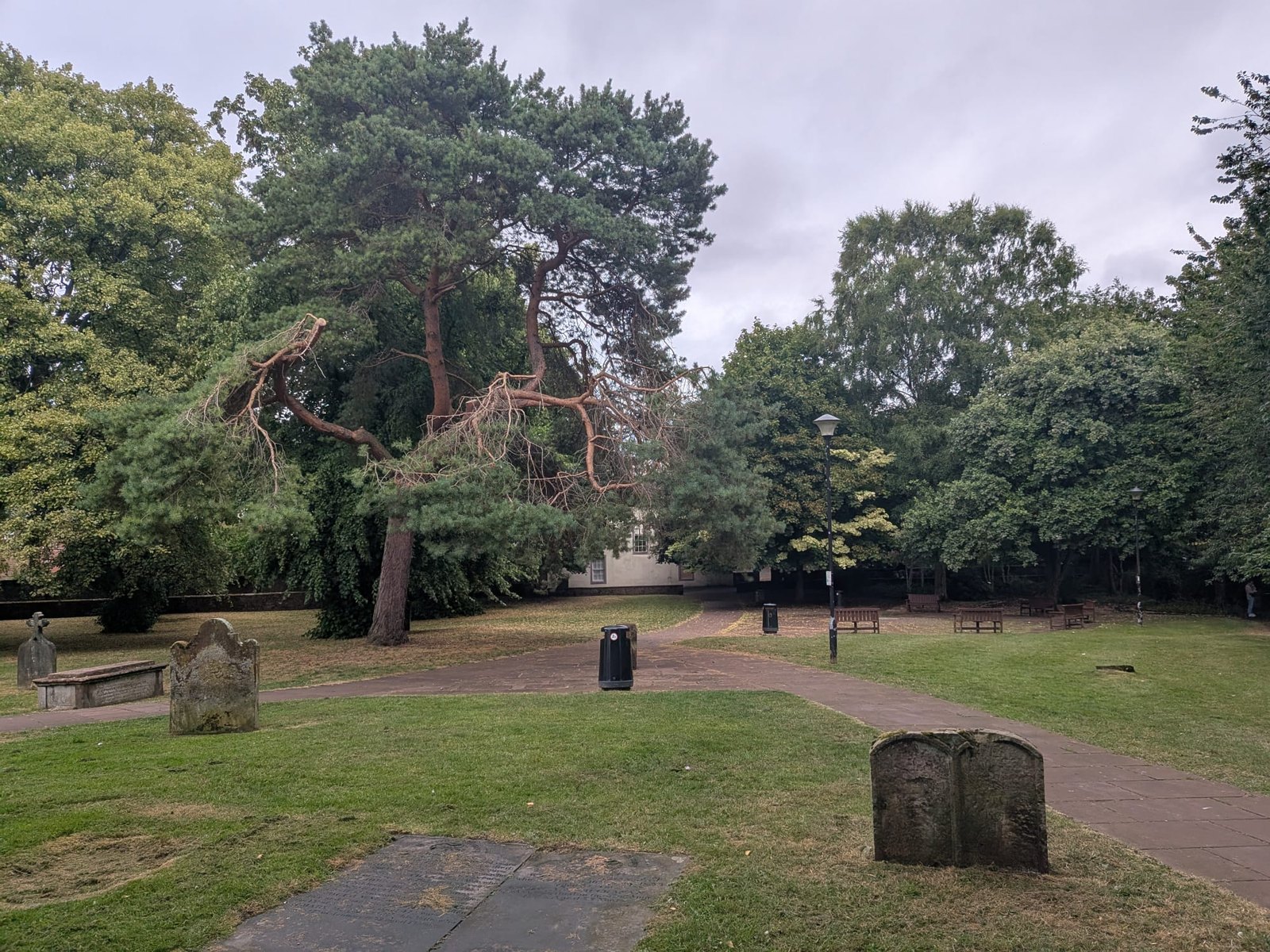 The churchyard of St Andrew's, Penrith, ringed by mature trees