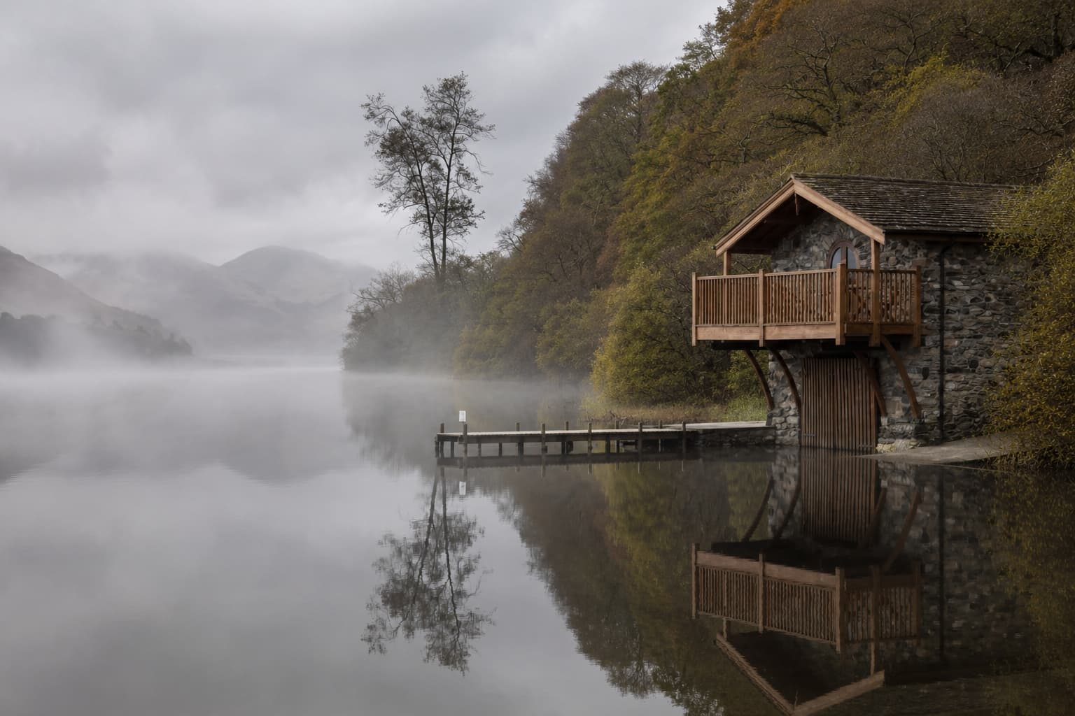 Jetty on Ullswater near Pooley Bridge on a misty morning