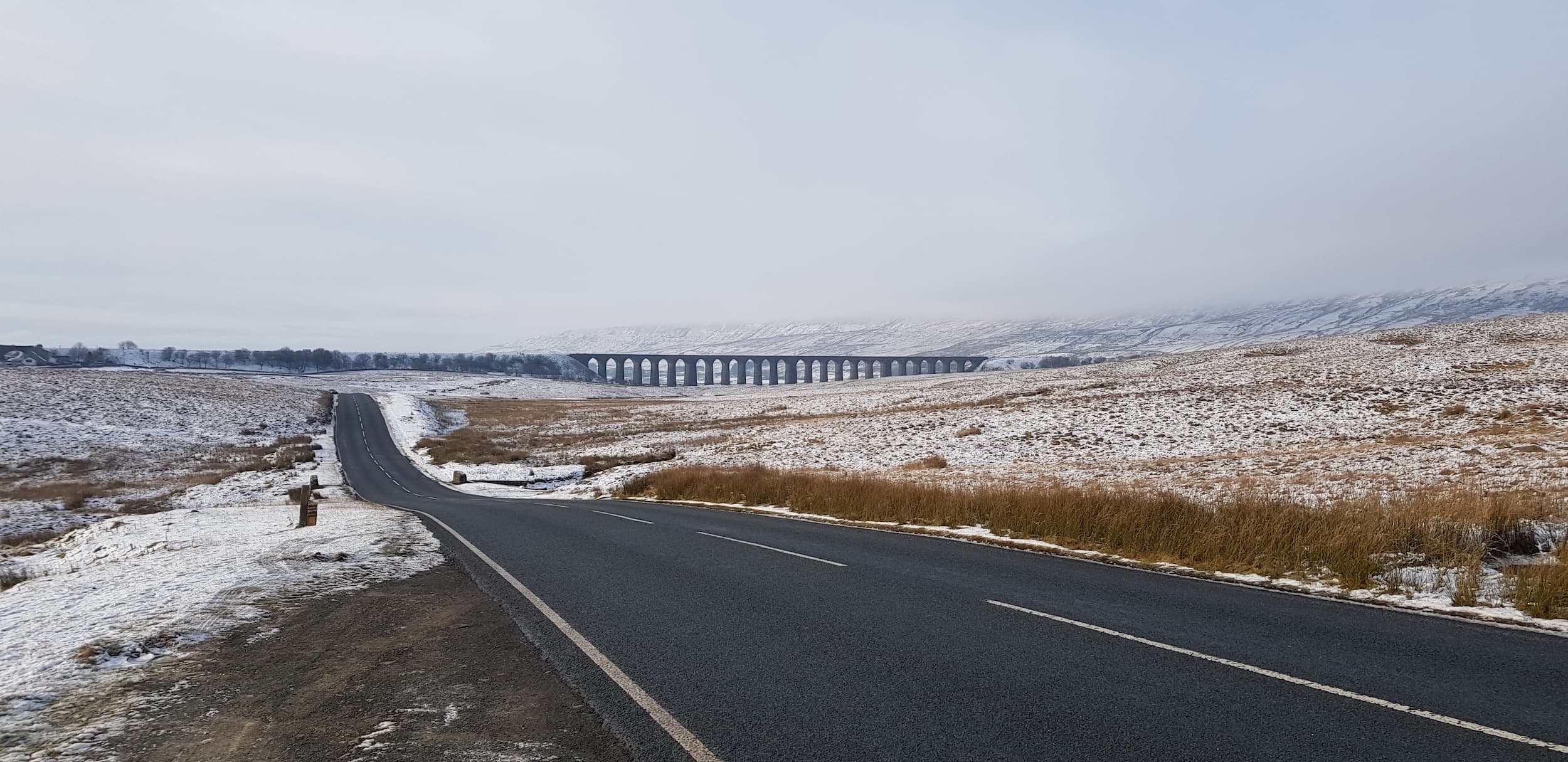 Ribblehead Viaduct under snow on the open moor, Yorkshire Dales