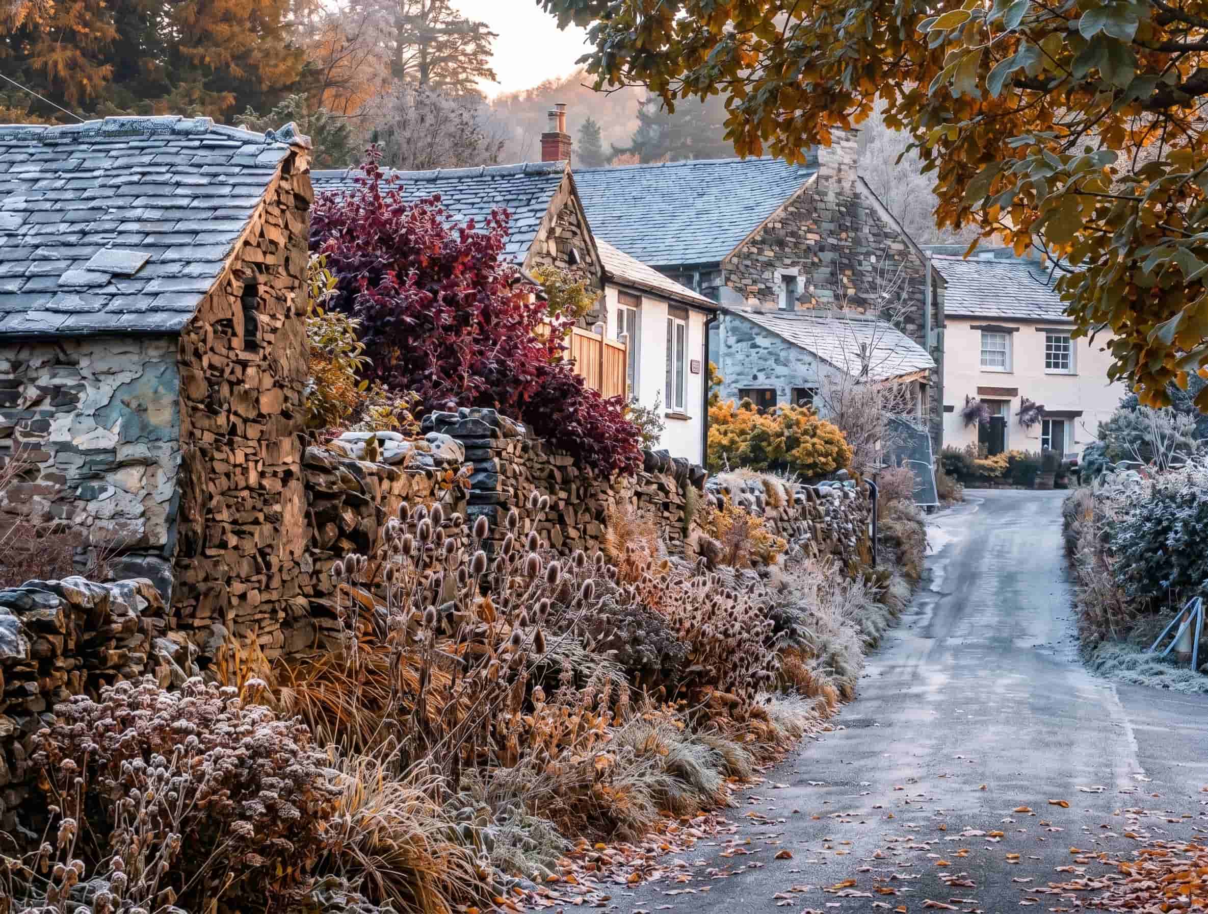 Rosthwaite village and its stone cottages on the floor of Borrowdale, Lake District