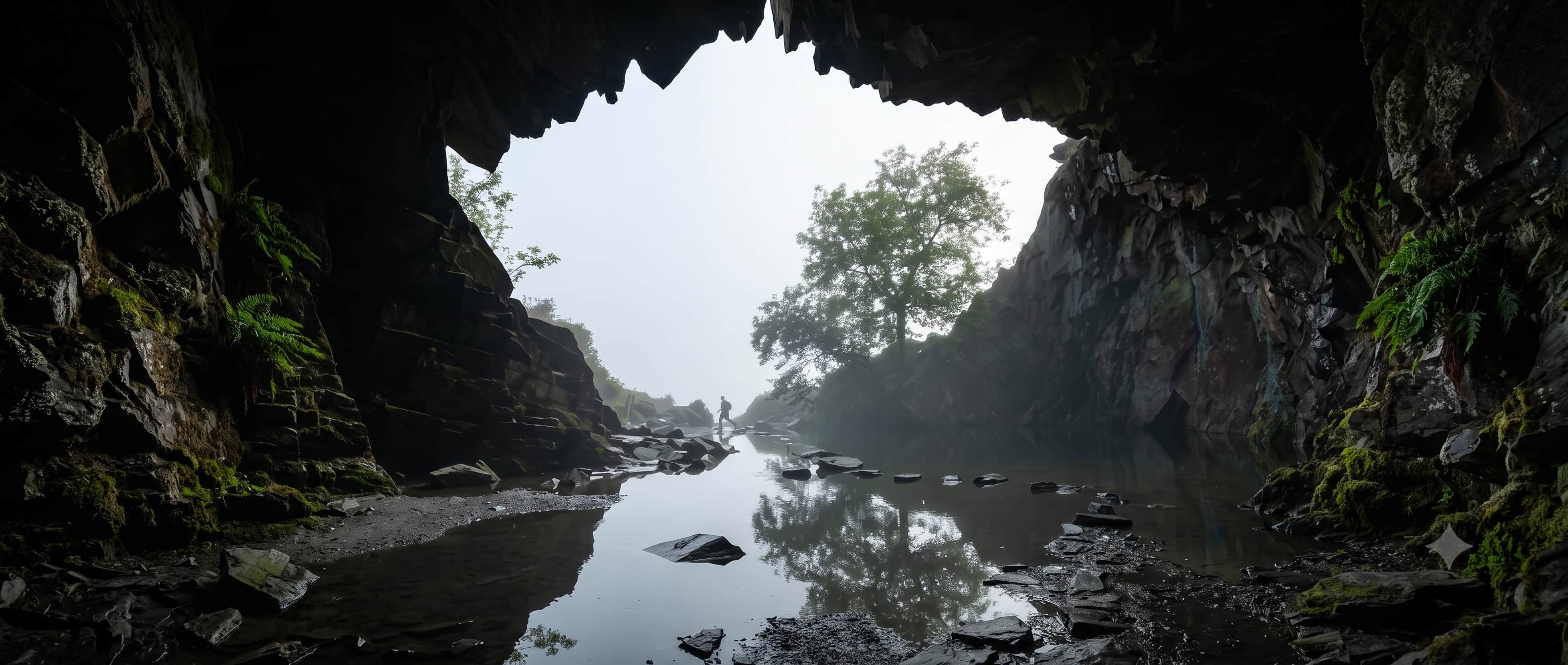 Inside Rydal Cave, a slate-quarry cavern above Rydal Water, Lake District