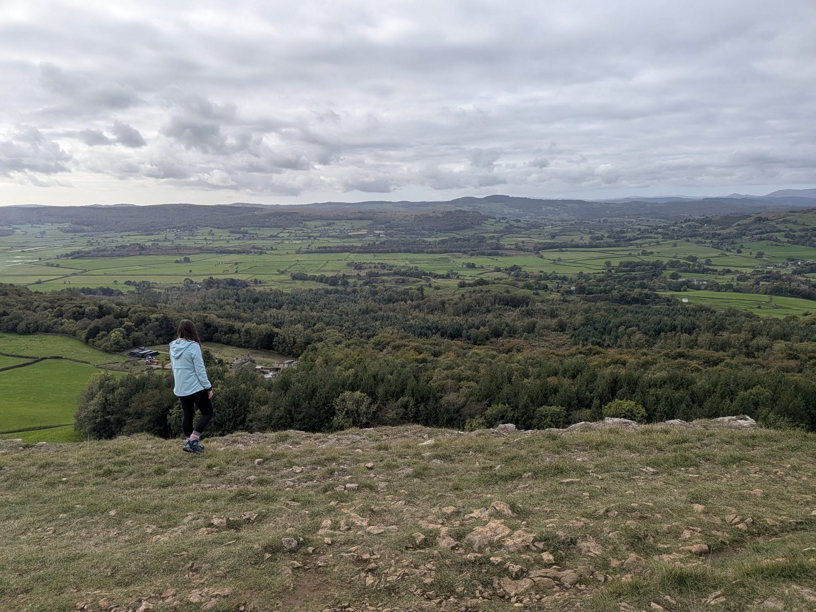 Ellie standing at the edge of Scout Scar, looking out over the woods and fields below