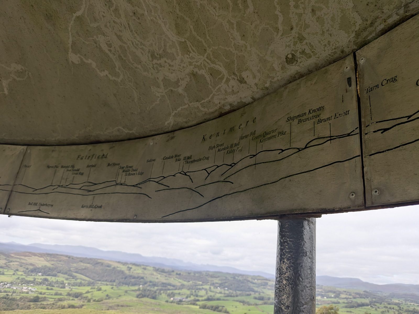 The toposcope painted round the inside of the Mushroom's roof on Scout Scar, with the view below