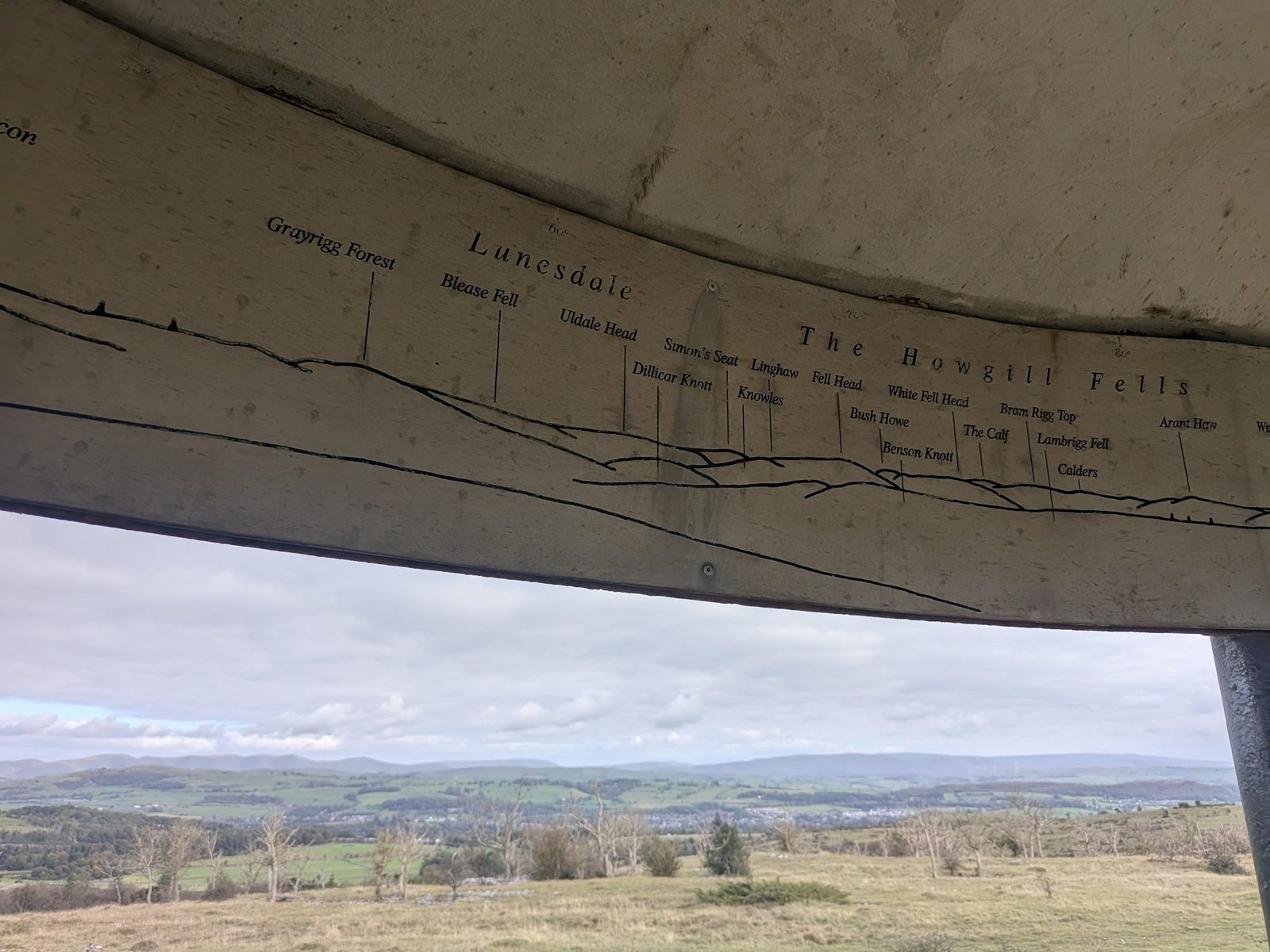Another part of the toposcope inside the Mushroom's roof on Scout Scar, naming Lunesdale and the Howgill Fells