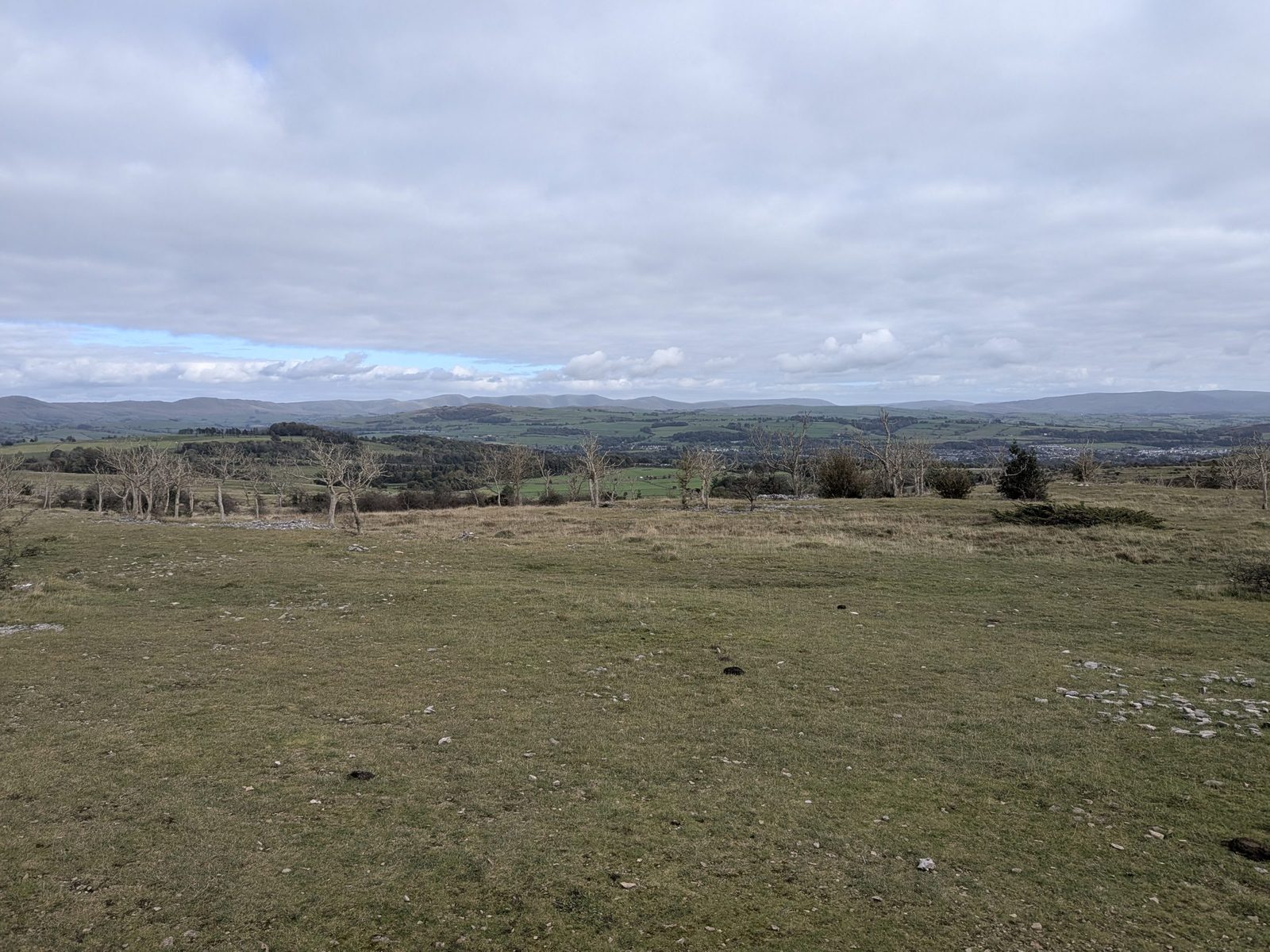 The wide view from the Mushroom on Scout Scar over the grassy top to the hills on the horizon