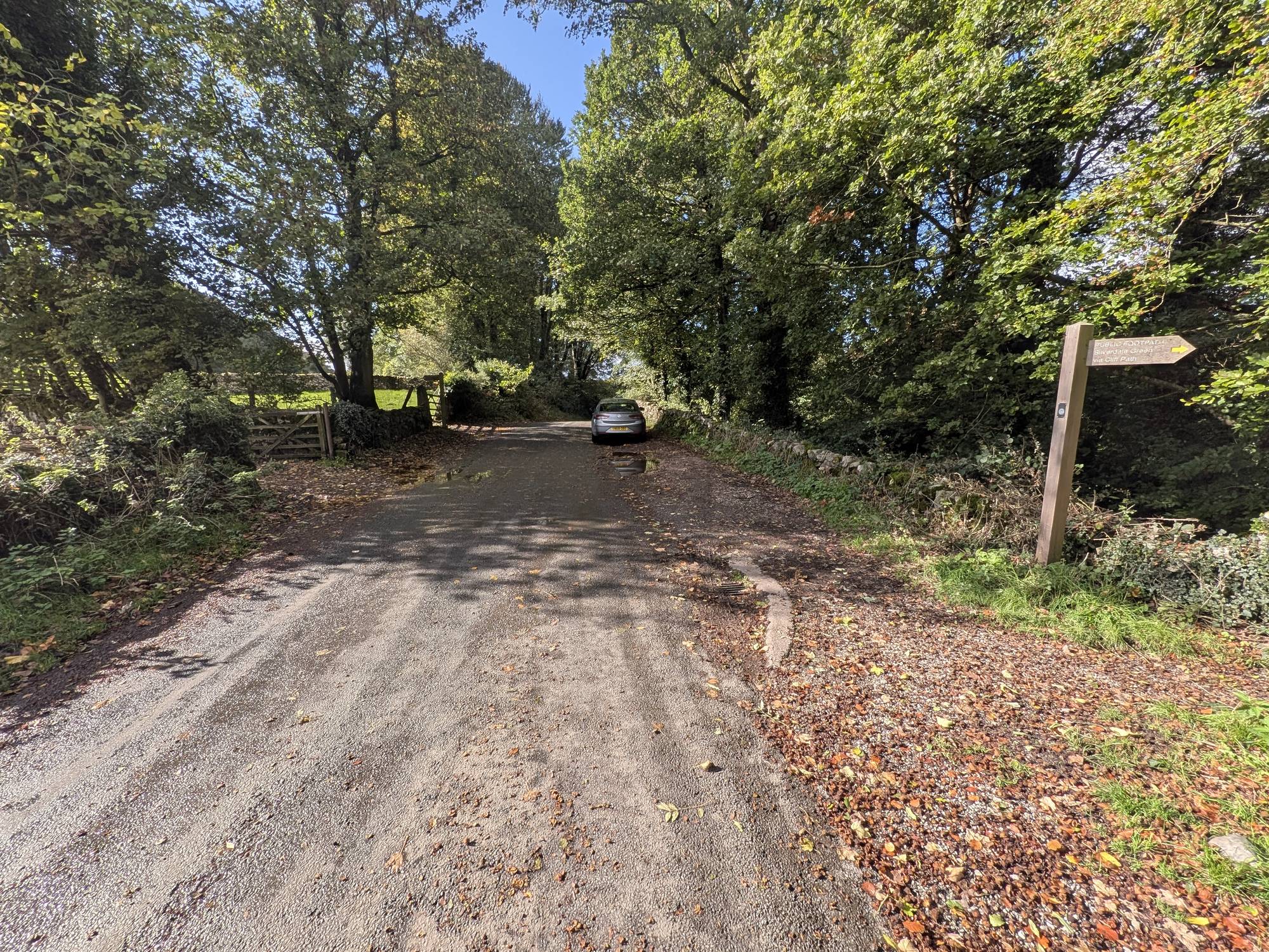 A wide tree-lined layby on a lane near Silverdale with a footpath fingerpost on the right
