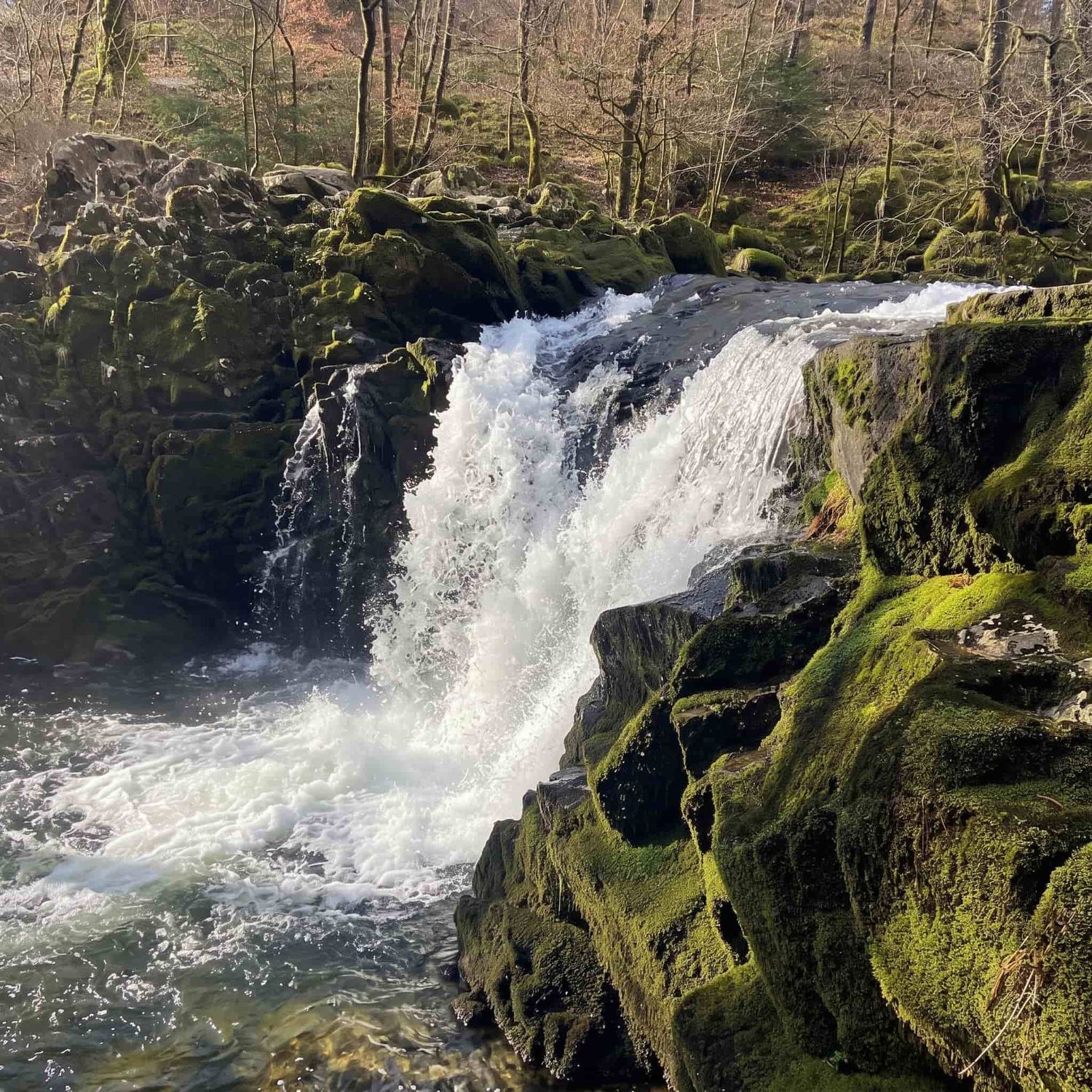 Skelwith Force near Skelwith Bridge — a low waterfall carrying a huge volume of water, Lake District