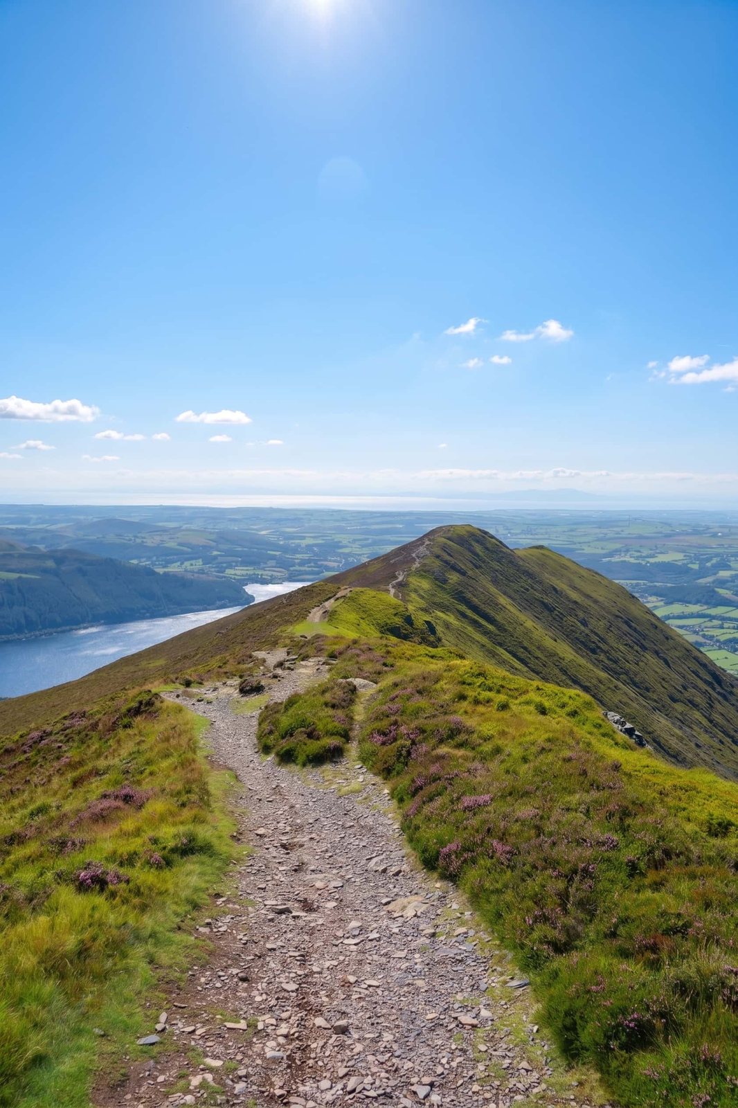 The broad stony path along Skiddaw's ridge with Bassenthwaite Lake below and the Solway beyond