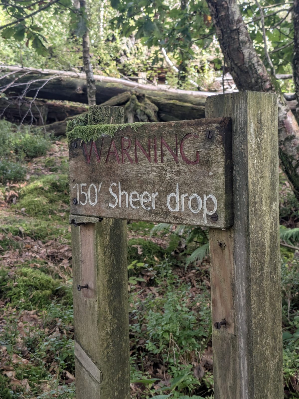 Warning sign reading 150ft sheer drop at the Stanley Ghyll gorge, Eskdale