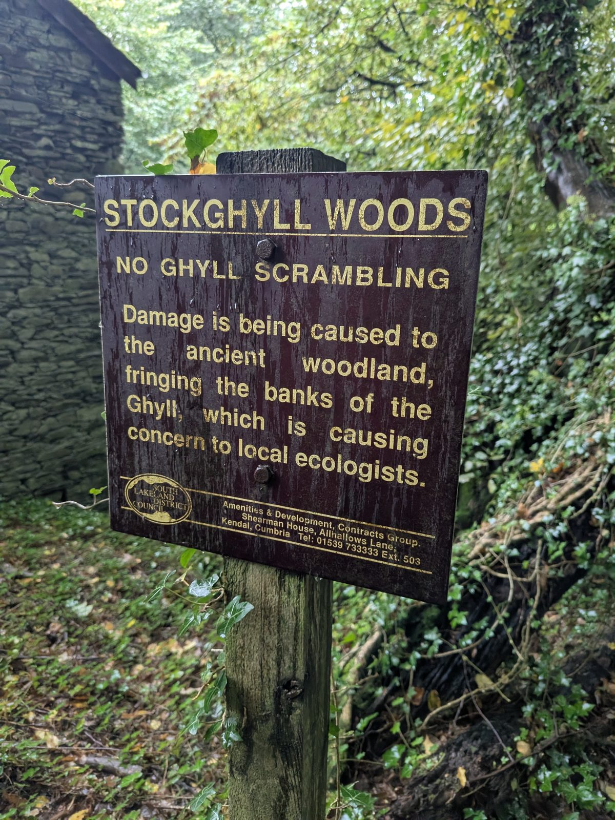 A brown Stockghyll Woods sign reading No ghyll scrambling, on a post beside a slate building