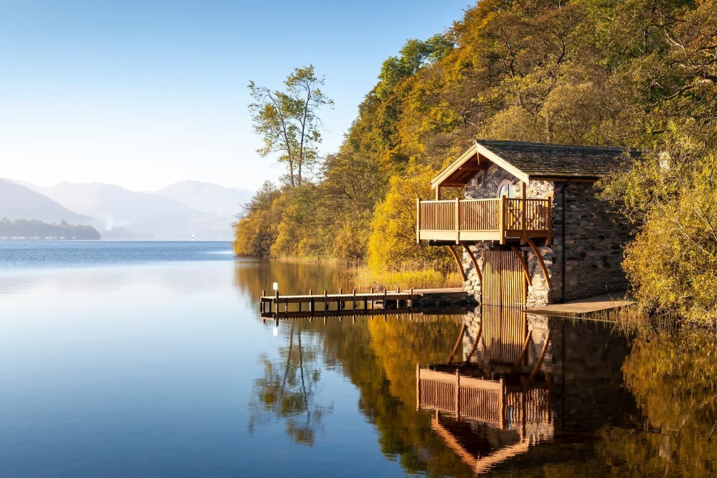 Ullswater lake from the shore with fells reflected, eastern Lake District