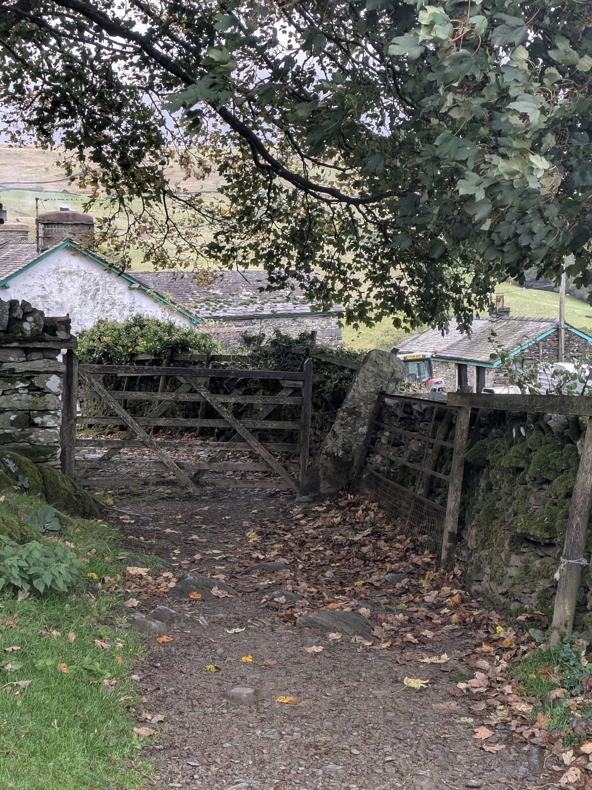 A five-bar gate on the left and a gap on the right between stone walls at the farm