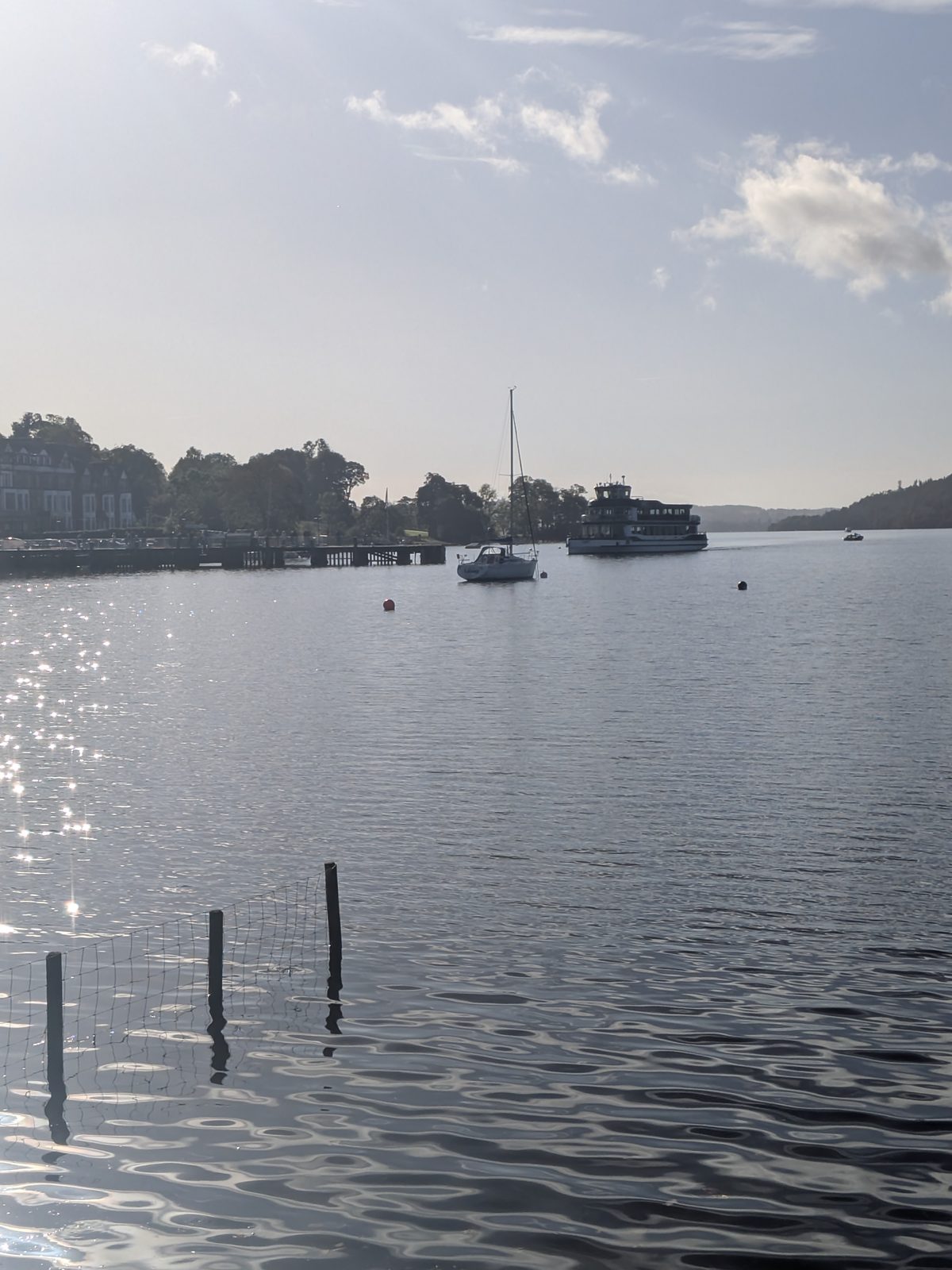Windermere from the shore at Borrans Park, boats moored across the water