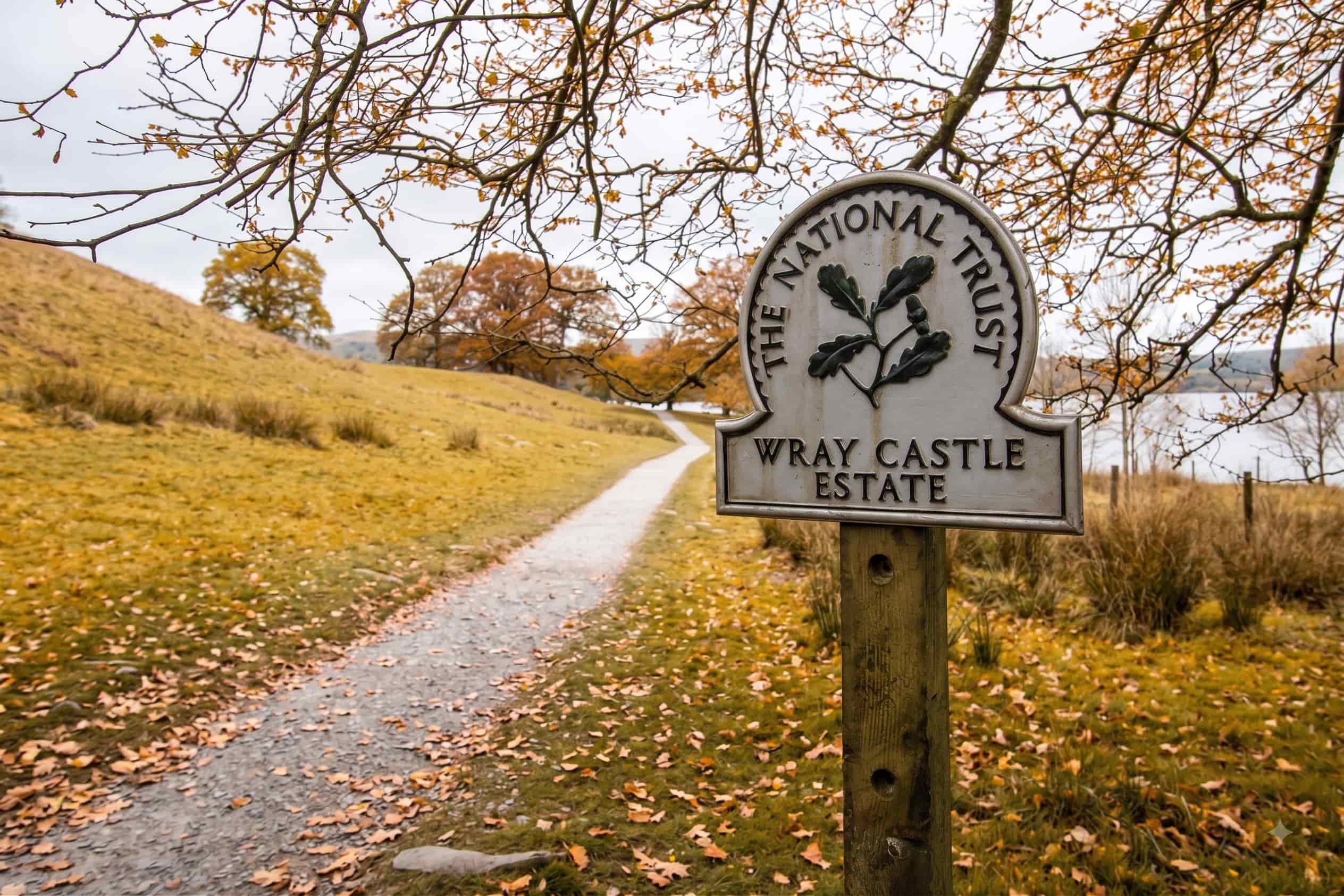 The National Trust Wray Castle Estate sign beside the waymarked lakeshore path in autumn, Windermere, Lake District