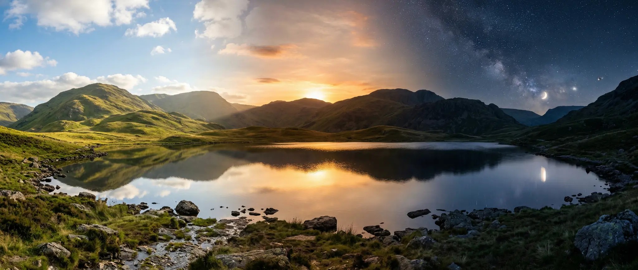 Lake District fells and Derwentwater from above at sunrise
